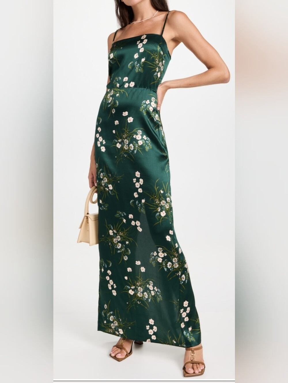 Reformation Dark Green Floral Satin Maxi Skirt